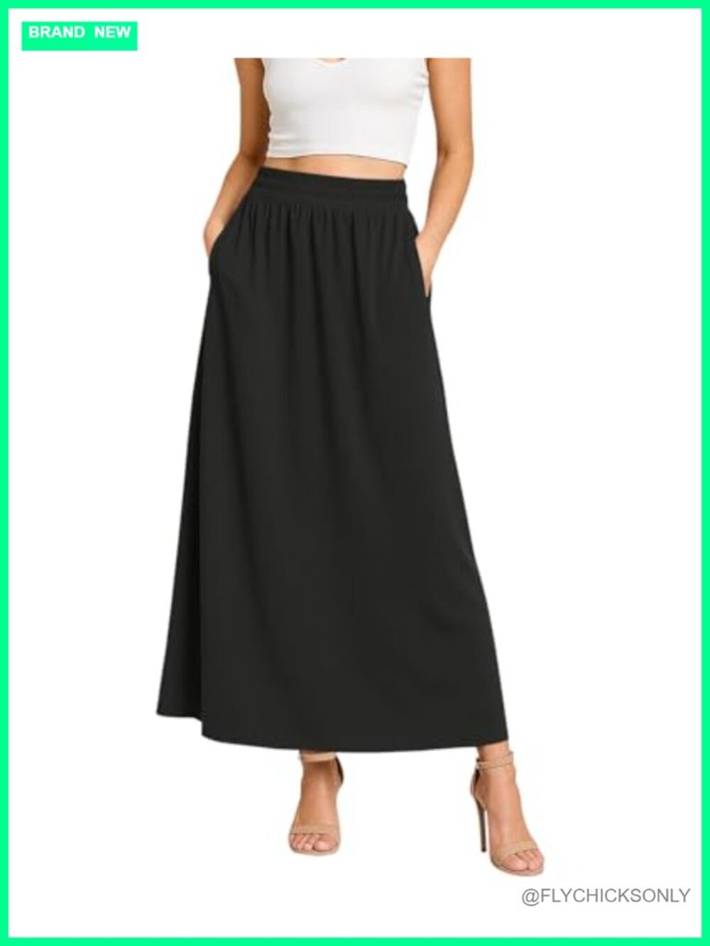 Flowy Maxi Skirt Elastic High Waisted A-Line Long with Pockets